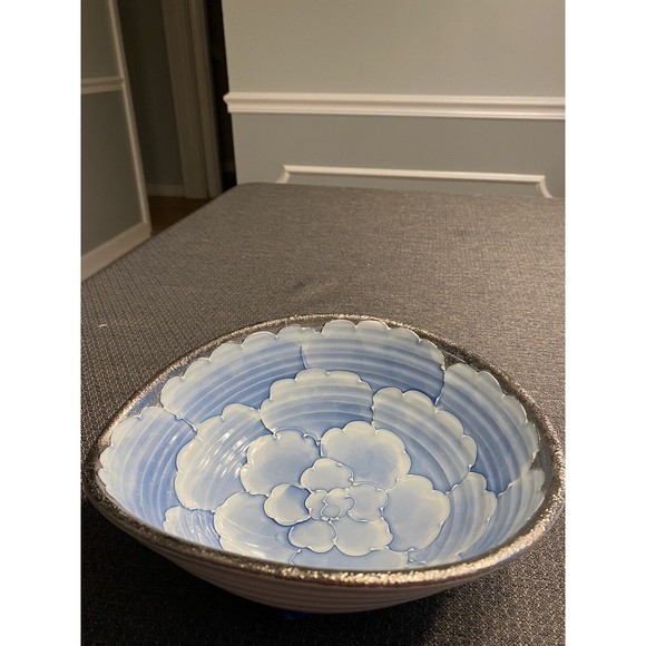 Sencha Yunomi Arita Ware Porcelain Platinum Glaze Blue Peony Bowl Dish - Picture 6 of 12